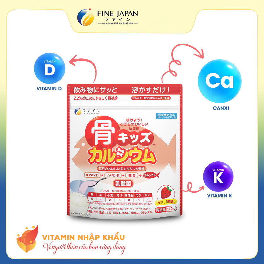 Bột Canxi Cá Tuyết Vị Dâu Fine Bone's Calcium For Kids Gói 140G Bổ Sung Canxi Phát Triển Chiều Cao