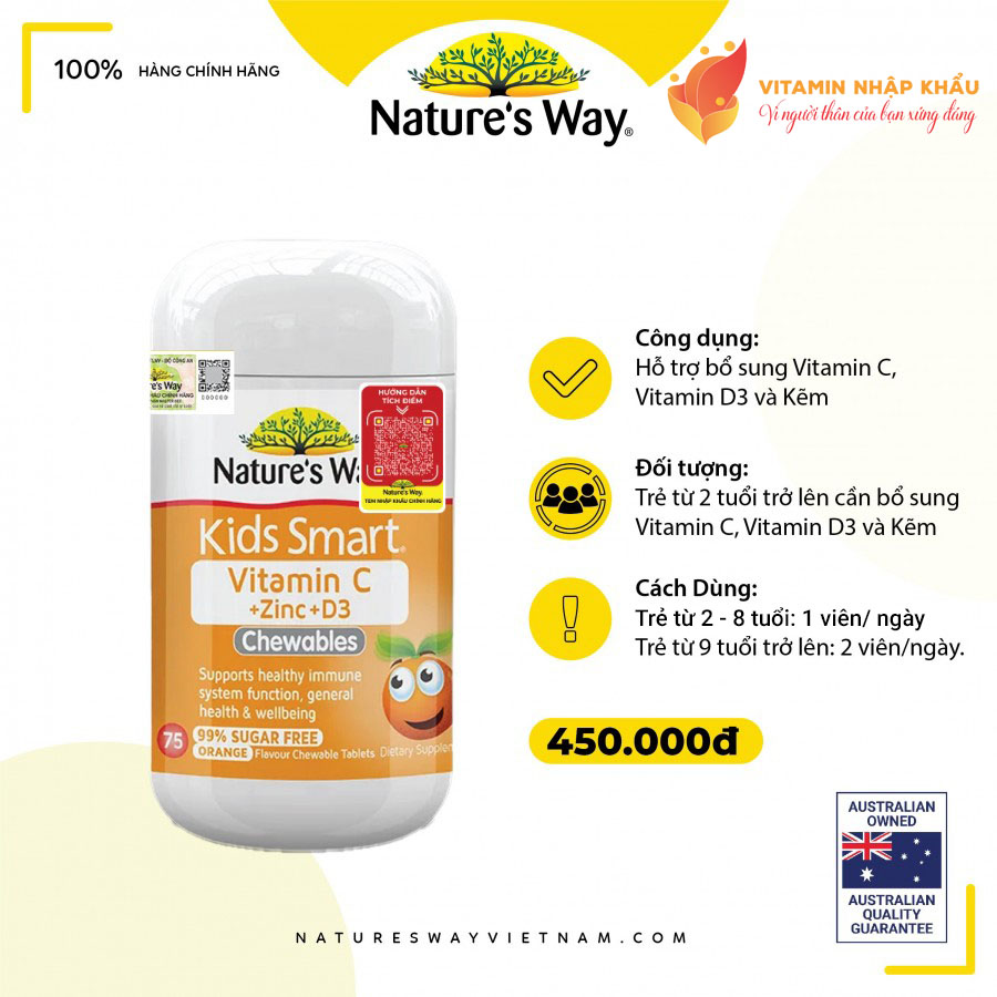 Viên uống bổ sung Vitamin C và Kẽm cho bé Nature’s Way Kids Smart Vitamin C + Zinc + D3