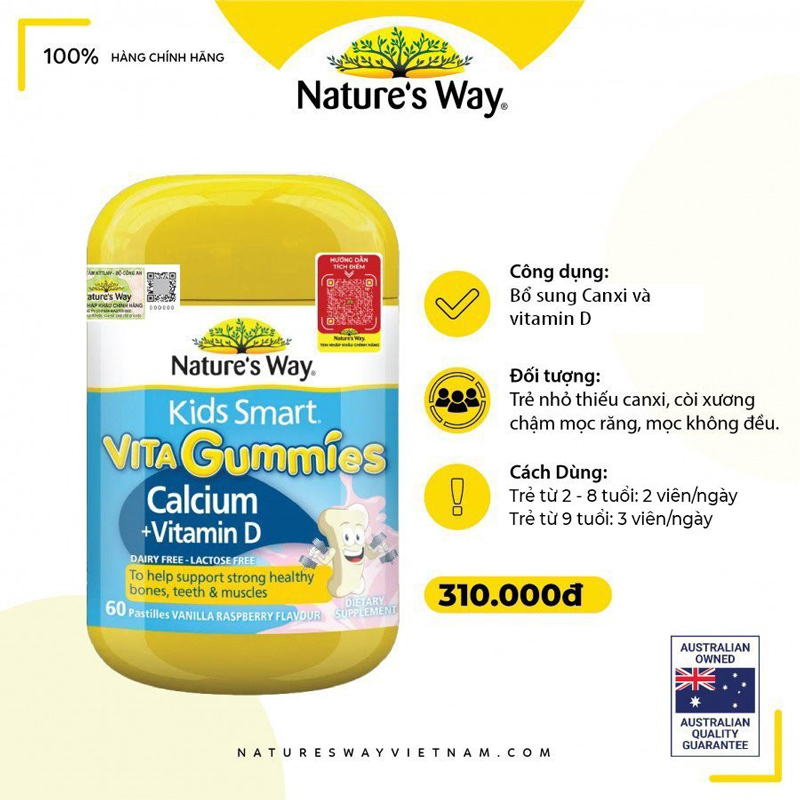 Nature's Way Vita Gummies Calcium + Vitamin D – Kẹo canxi cho bé