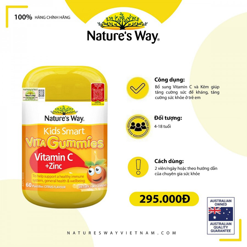 Bổ sung kẽm và vitamin C tăng cường sức đề kháng cho trẻ - Nature’s Way Kids Smart Vita Gummies Vitamin C + ZinC