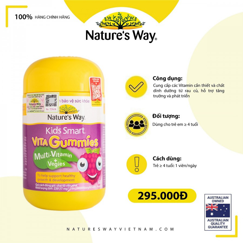 Nature's Way Kids Smart Vita Gummies Multi-vitamin+Vegies - Vitamin từ rau củ hỗ trợ bé tăng trưởng và phát triển