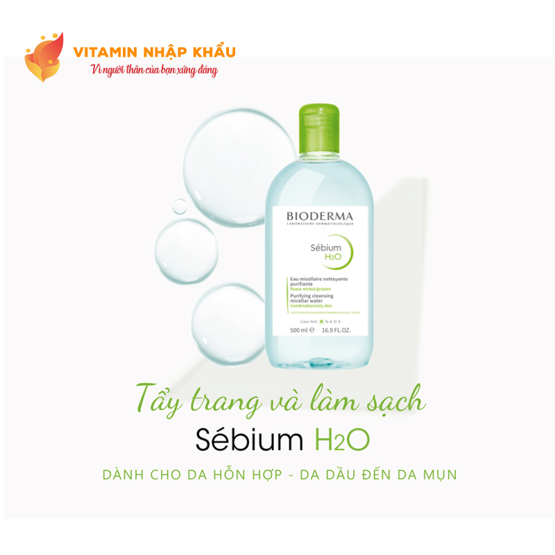 Nước tẩy trang và làm sạch BIODERMA Sebium H2O dành cho da hỗn hợp đến da dầu (Chai 500ml)