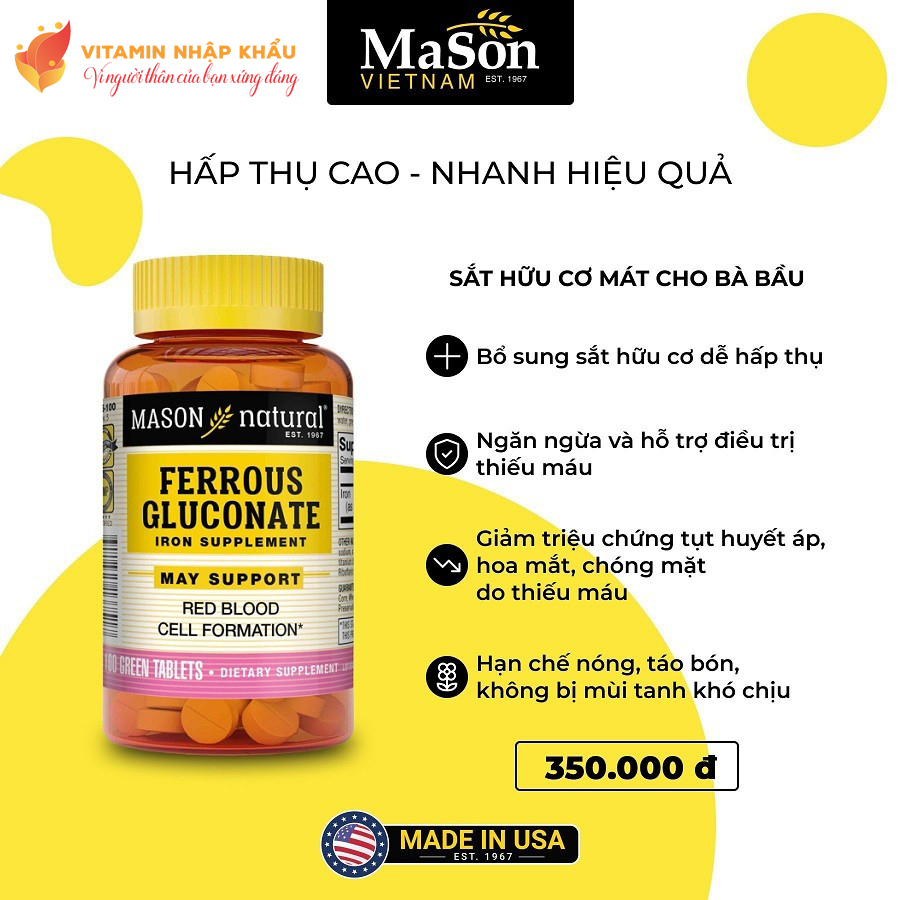 Mason Natural Ferrous Gluconate - Sắt hữu cơ mát cho bà bầu